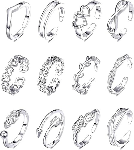 QEBIDVL Adjustable Toe Rings for Women Open Toe Rings Set for Women Silver Plated Adjustable Women's Knuckle Ring Arrow Knot Star Moon Foot Ring Set Party And Everyday Wear (12Pcs Silver)