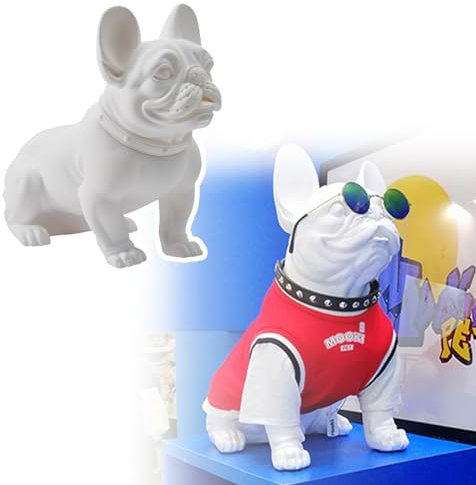 Blazea Schaufensterpuppe Weiße Sitzende Schaufensterpuppe mit Französischer Bulldogge, Dekorative Hundeskulptur mit Drehbarem Kopf, Hund Tierstatue Kleiderform Dummy-Modell
