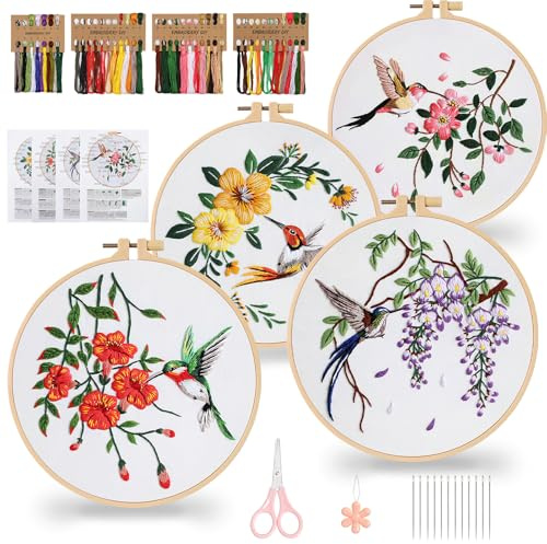 Dremisland 4 Stück Stickerei Set Stickerei Set Blumenmuster Pflanzen Kreuzstich-Kit Starter Tools Kit mit 4 Stück Kunststoff Stickrahmen Kolibri Sticken Set Erwachsene Handstickerei-Kits