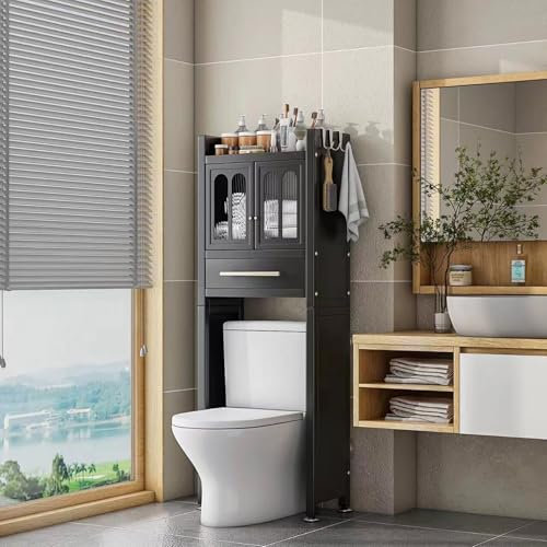 AHDFY Övertoalettskåp, tvättmaskinsförvaring, tvättmaskinsförvaring, fristående badrumsutrymmessparare, över toaletten förvaring med lådor, för toalett, tvätt,Black,70cm