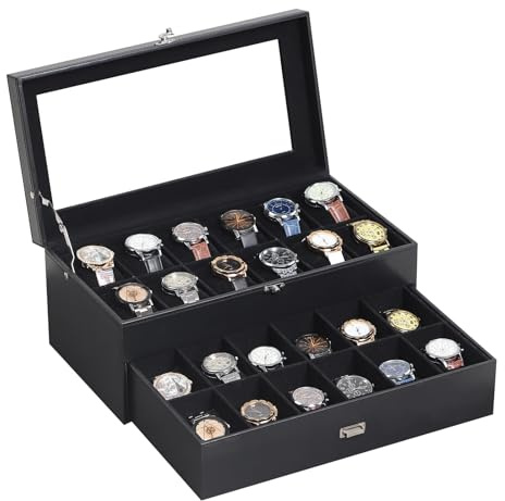 AUTOARK Uhrenbox aus Leder und Samt,für 24 Uhren,Glasplatte,Schmuck-Display,abschließbar,abnehmbar,schwarze Uhrenkissen,Schwarz,MKAW035