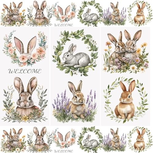 WANDIC 3 Bogen Rub On Sticker Ostern Transferaufkleber, Frohe Ostern Deko Ostereier Osterhasen Wasserdicht Aufkleber Handarbeiten Rub Ons Frühling Aufkleber für Glas Keramik Holz Möbel, 15 x 30 cm