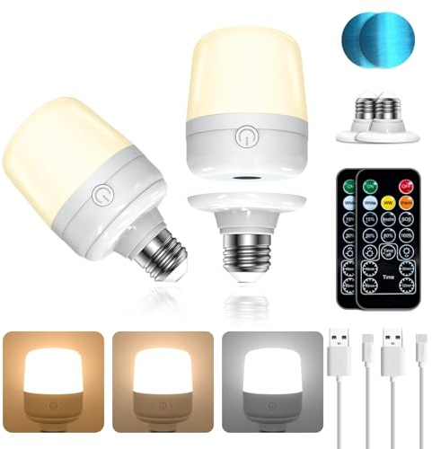 LUTW E27 Rechargeable Light Bulb, 7W, 3 Modes, Remote Control, 2 Pack | Magnetic Base, Battery Powered, Timer, Dimmable Light Bulb for Non Hardwired Lamps, Wall Sconces, Camping