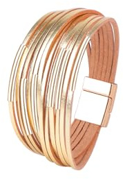 VANSZA Armband Wickelarmband Boho Lederarmband Mehrschichtige Leder Armbänder für Frauen Glücksarmband Magnetverschluss (Gold)