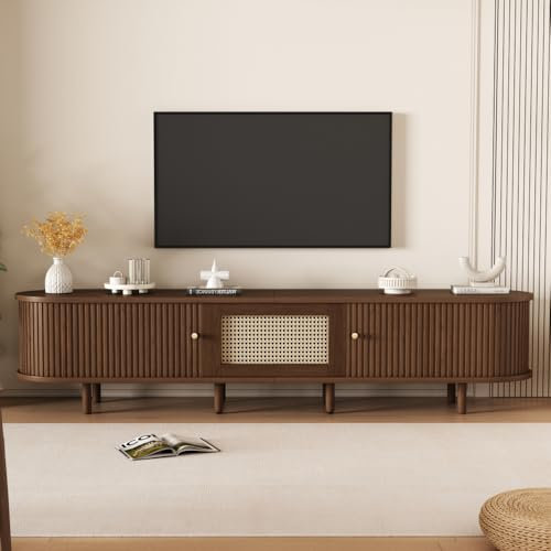 Seyakany Meuble TV Ovale en Noyer foncé, Design rotin 180 * 40 * 40 cm Design MDF, Pieds réglables, capacité de Charge 30 kg