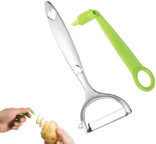 Lyreh Cortador Espiral Verde con Pelador Papas Metal, Manual Cuchillo Espiral para Verduras Empuñadura Ergonomica Herramienta Peladora y Cortadora para Frutas Pepinos Zanahorias Accesorios Cocina