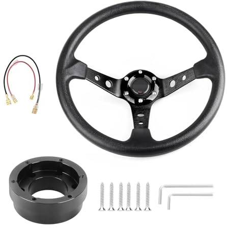 Drifting Lenkrad,Universal Rennlenkrad 350mm 14 Zoll Aluminium Legierung Auto Sport Treiben Lenkräder Mit Adapter Platte 70mm PCD(Black with Black)