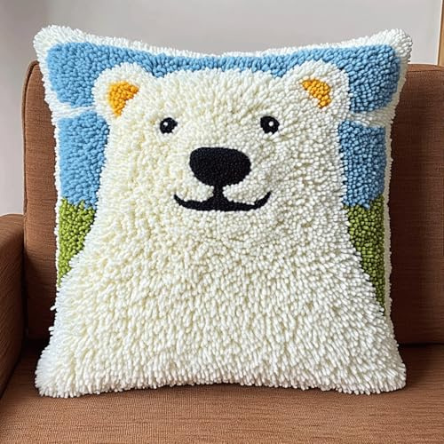 Henypt Latch Cushion Set, Kreuzstich Knüpfkissen Zum Selber knüpfen Kissen Kits,Knüpfen DIY Dekokissen, Stickerei Knüpf-Sets 43 cm x 43 cm(Tierischer Eisbär)