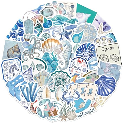 PNGIF Aesthetic Blauer Ozean Aufkleber 50 Stück, Wasserfeste Graffiti Sommer Urlaub Sticker für Kindle Laptop Scrapbook Skateboard Koffer MacBook Koffer Journal Fantasy Decals