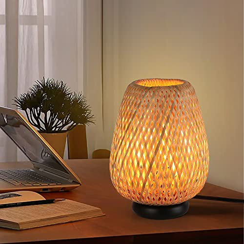 SUNLLOK Boho Nachttischlampe mit Holz sockel, Rattan Lampe kleine Tischlampe für Schlafzimmer, Vintage Bambus Lampenschirml leselampe Tisch Lampen Deko für Wohnzimmer Kinderzimmer Büro