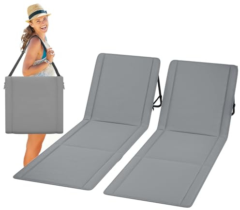 UDPATIO 2er Set Strandmatte mit Rückenlehne 195 cm, Strandstuhl, Verstellbare Strandliege Klappbar Leicht, Faltbare Sonnenliege für Strand, 150kg Belastbar, Sonnenmatte Gepolstert mit Tasche, Grau