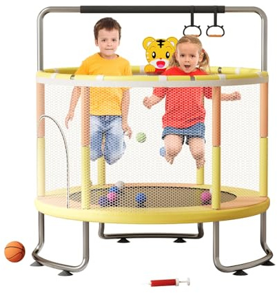 cukoekim 5ft Trampoline Exterieur Enfant, Interieur Enfants de Trampoline de 59 Pouces, Mini-Trampolines avec Panier de Basket, Balançoire et Sac de Sable, Le pour Les Garçons et Les