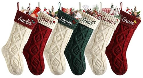 Personalisierter Weihnachtsstrumpf mit Namen 46cm großer Nikolausstrumpf | wiederverwendbar Weihnachtsdeko zum Aufhängen & Befüllen für Kamin, Tür & Baum, feiner Strick, Geschenk für Familie Kinder