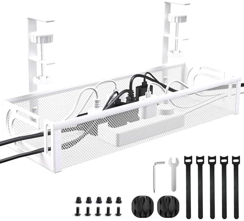 Under Desk Cable Management Tray, Metal Cable Management,No-Drill Mesh Wire Organiser with Clamp, Wire Holder Side Opening Design, Cable Tidy Basket, for Office and Home-White