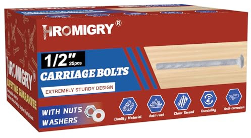 HROMIGRY 1/2 x 5 Carriage Bolts (25 PCS), Hot Dip Galvanized, Heavy Duty Round Head with Washers and Nuts