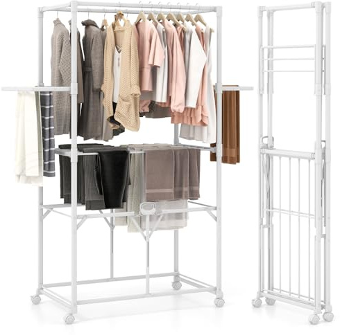 COSTWAY 174cm Stendibiancheria Verticale Pieghevole con Ruote | Stendino in Alluminio con Aste, Ripiani Rimovibile e Maniglie, per Interno ed Esterno