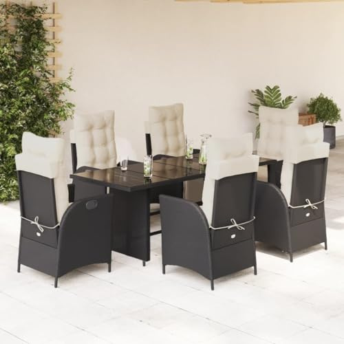 QJBSAVVA 7-TLG. Garten-Essgruppe Schwarz 190 x 80 cm Poly-Rattan Sessel verstellbar Creme-Kissen Robustes Outdoor-Möbel-Set für Garten Balkon Terrasse
