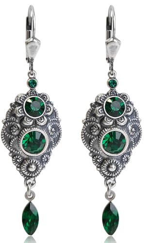 Jugendstil Ohrhänger Silber Emerald Kristalle lang baumeln Klappverschluss Damen Ohrringe Silber NOBEL SCHMUCK