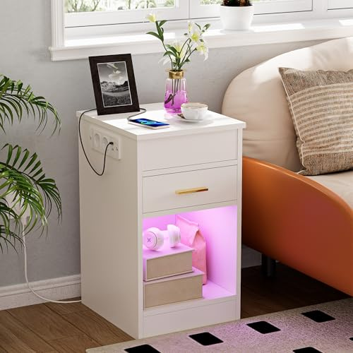 Comodini Camera da Letto con 2 Prese AC/2 Porte USB E 1 Luce LED RGB,Comodino con 1 Cassetto E 1 Divisorio Sollevabile E 1 Apri partizione,Salvaspazio per Camera da Letto E Studio (35x40x60cm,Bianco)