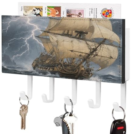 VstaDank Ancient Sailing Ship in Storm Key Holder for Wall Decorative Mail Organizer with 5 Key Hook Adhesive Keys Rack with Tray Coat Rack Wall Mount for Entryway, Door, Bathroom, Kitchen
