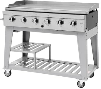METRO PROFESSIONAL Barbacoa de Gas con 6 Quemadores, Plancha de Acero Inoxidable 111 x 50 cm, Móvil con Ruedas, Tapa Protectora Incluida, Plata