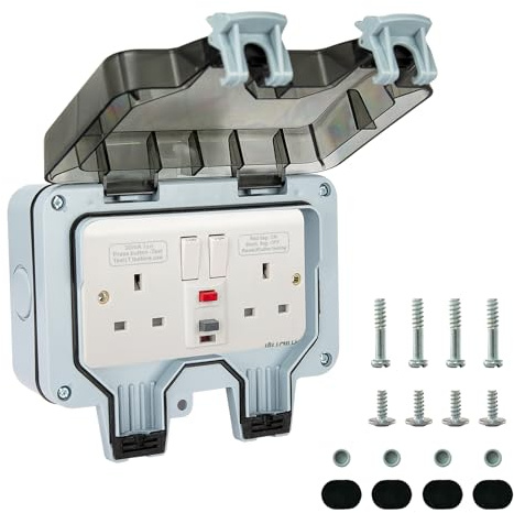 W LAIWO IP65 Weatherproof Socket Box 2-Gang 2-Socket Switched, UKCA Certified 230V 13A Outdoor/Indoor Waterproof Power Outlet, 30mA RCD Leakage Protection, 40ms Fast Trip, UK Standard Socket