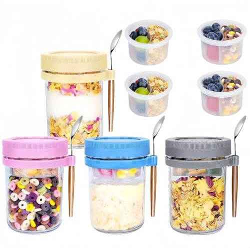 LOSTTYPE 4-pack över natten havre burkar med skedar och fack 450 ml, separering för torr-våt frukostgrytor för yoghurt, flingor, mjölk, grönsaker och fruktsallad förvaringsbehållare med mätmärken