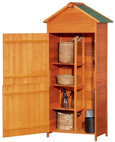 Outsunny Casetta da Giardino in Legno con 2 Ante da Esterno 84x52x188cm | Armadio da Esterno, con 3 Ripiani Porta Attrezzi
