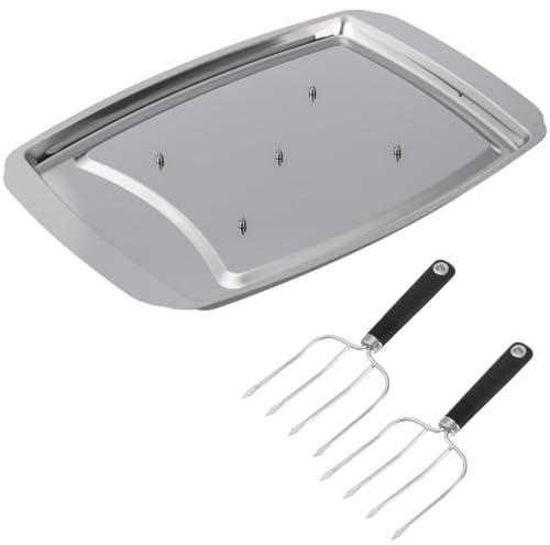 Skdqiee Stainless Steel Meat Carving Tray, Heavy-Duty Carving Tray with Spikes and 2 Pcs Forks, Spiked Meat Board for Turkey Poultry BBQ, Kitchen Cooking Serving Platter 14.0 x 9.8 in