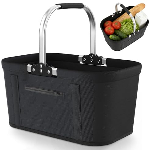 Einkaufskorb Faltbar 30L Groß Einkaufskorb Picknickkorb Tragekorb, Praktischer Klappkorb Einkaufstasche mit Aluminiumgestänge Tragegriffen, Familie Einkaufstasche für Camping Picknick(Schwarz)