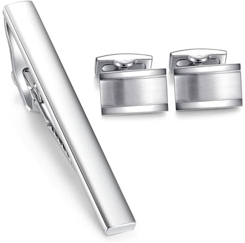 HONEY BEAR Boutons de manchette Pinces à Cravate Set pour le cadeau d'affaires de mariage de chemise d'hommes (argent) (style 1 avec boîte)