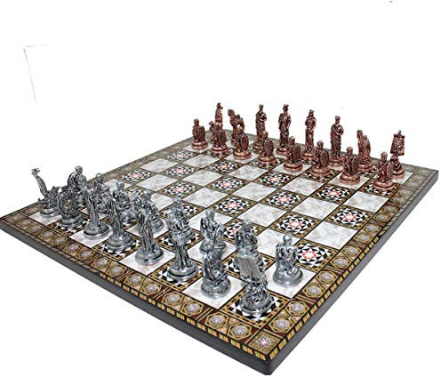 GiftHome Historische Antike Kupfer Troy Figuren Metall Schach Set für Erwachsene, handgefertigte Stücke und Mosaik Design Holz Schachbrett König 6,6 cm