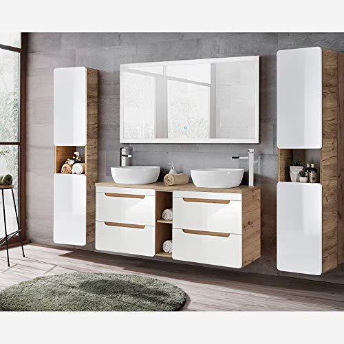 Lomadox Badmöbel Komplett Set Hochglanz weiß mit Wotan Eiche Nb., 140 cm Waschtisch-Unterschrank mit 2 Keramik-Waschbecken, 140 cm LED-Spiegel, 2 Hochschränke