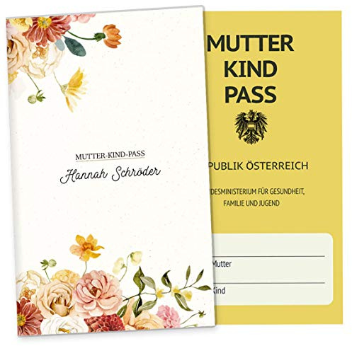 OLGS Mutter-Kind-Passhülle Österreich personalisierbar Florentina Schwangerschaft Schutzhülle MuKipass | Mit Fach für Ultraschallbilder (MuKi-Pass Österreich personalisiert, Flowerfield)