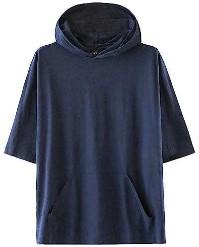 KENAIJING Maglietta Maniche Corte con Cappuccio Uomo Mezza Manica Sweatshirt T-Shirt Felpe Sportiva Casual（Blu, S）