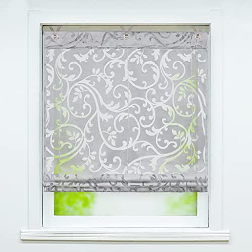 Joyswahl Voile Ösenrollo Transparenter Raffrollo mit Blumen Ausbrennerqualität »Jesscia« Schals Fenster Gardine mit Hakenaufhängung, Raffrollo ohne Bohren BxH 80x130cm, Grau 1 Stück