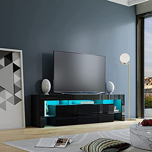 200CM TV Stand Cabinet with LED, High Gloss TV Unit for TV up to 85, Black