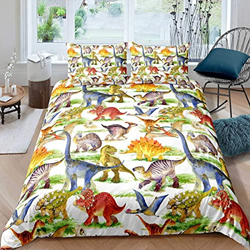 Ensemble de literie pour Enfants Cartoon Dino Literie 140x200cm Dinosaur Boys Housse de Couette pour Filles Enfants Ensemble de lit en Microfibre de qualité céleste avec 1 taie d'oreiller 65x65cm