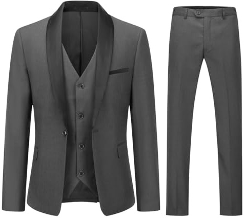 YOUTHUP Mens Suits Slim Fit 3 Piece Suit Shawl Lapel Wedding Dinner Tuxedo 1 Button Blazer Pants Vest, Dark Grey, L