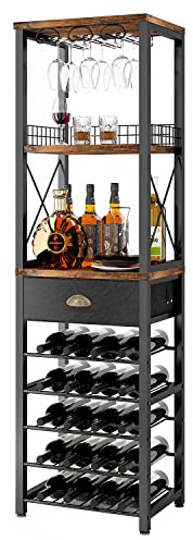 Homeiju Wine Rack Freestanding Floor, Bar Cabinet for Liquor and Glasses, 4-Tier bar Cabinet with Tabletop, Glass Holder, Storage Drawer and Wine Storage for Living Room (Patent No.D29872845)