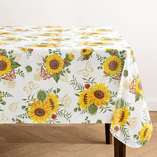 Elrene Home Fashions Sunflower Season Vintage Floral Water- and Stain-Resistant Vinyl Tablecloth with Flannel Backing, 60 Inches X 102 Inches, Rectangle