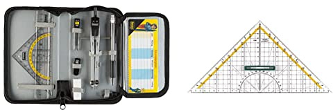 Idena 20066 - Zirkel im Etui, 11-teilig, mit Geodreieck, Lineal, Ersatzminen für den Zirkel & Linex Geodreieck aus Kunststoff, mit Griff, 30 cm, bruchsicher und transparent