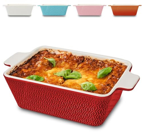 Praknu Pirofila in Ceramica Piccola - Antiaderente e Antigraffio - Bordo Alto - Rettangolare (Rosso)