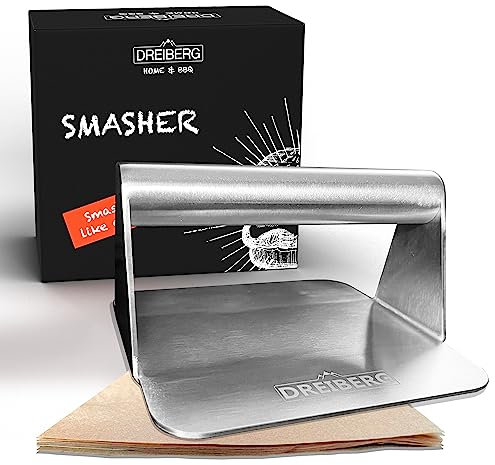 DREIBERG® Grillpresse Set inkl. Burgerpapier – Burgerpresse Edelstahl für Smash Burger. Burger Smasher. Smashed Burger Presse für Grill, Pfanne & Teppanyaki Platte