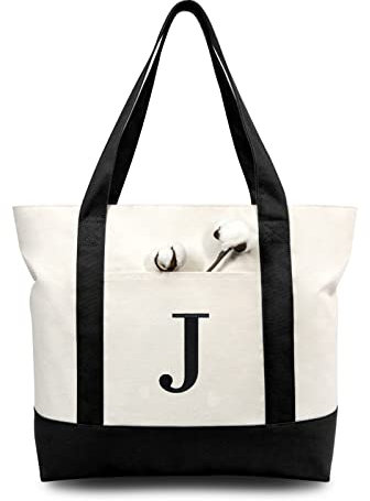 TOPDesign Embroidery Initial Canvas Tote Bag, Personalized Present Bag, Suitable for Wedding, Birthday, Beach, Holiday, is a Great Gift for Women, Mom, Teachers, Friends, Bridesmaids (J)