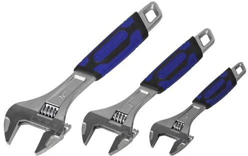 Faithfull Adjustable Spanner Set – Drop Forged Spanners with Soft-Grip Handles, Matt Chrome Finish, Thumb Screw Adjustment & Metric Scale - 3 Piece - 150mm, 200mm & 250mm