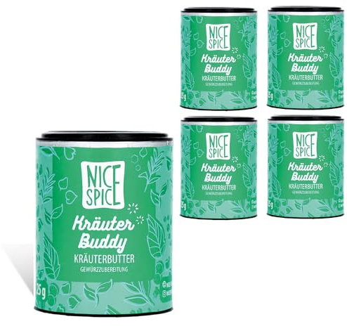 NICE SPICE Hierbas de especias, 5 latas (5 x 25 g), perfecto para mantequilla de hierbas y salsas, ingredientes exquisitos para cocina gourmet, regalo para los amantes