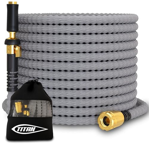 TITAN Flexible Garden Hose 20FT – Ultra Lightweight, Heavy Duty Water Hose with Brass Fittings & Jet Nozzle – Kink-Free, Non-Expanding, Durable Fabric Hose for Yard, Lawn, Car Wash, Outdoor Use