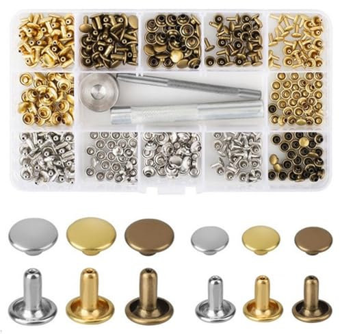 Metall Nieten Set mit Fixierung Werkzeug, 180 Set Doppelkappe Nieten, 6mm 8mm Metallnieten für DIY Leder Handwerk Tasche Gürtel, 2 Größen