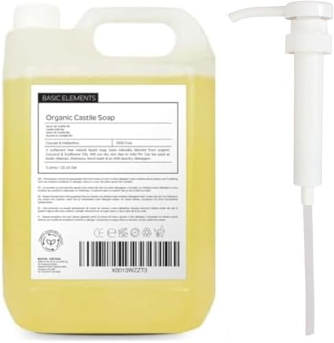 Basic Elements Organic Castile Soap | 5 Litre | 100% Pure & Natural Liquid Soap Base | Unscented & SLS Free | Ideal for Face, Body, Hands, Pets & Cleaning | Vegan & Biodegradable